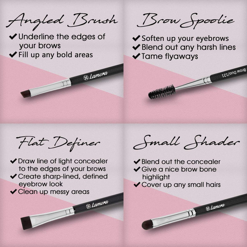 Eyebrow Brush - Duo Eye Brow Spoolie - Angled Eyeshadow Eyeliner - Precision Flat Definer - Small Shader - Premium Quality 3 Piece Set - Cruelty Free Synthetic Bristles - Apply Gel Powder Wax Pomade Lamora