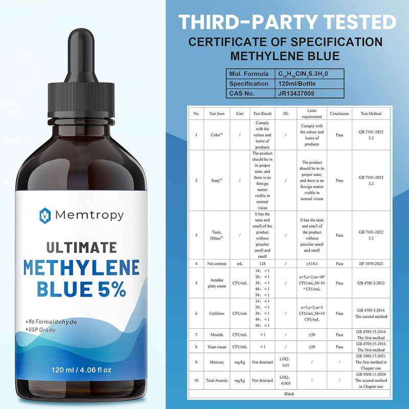 Methylene Blue Pharmaceutical Grade 4.06 fl oz (120 mL), 99% Purity Supplement for Humans, Formaldehyde-Free, Alcohol-Free, Glass Bottle Infinity Warehouse