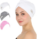 HALLEY Cotton Hair Towel Wrap (3 Packs) Super Absorbent Fast Drying Turbans for Thick, Wet Hair with Button (Black) Infinity Warehouse