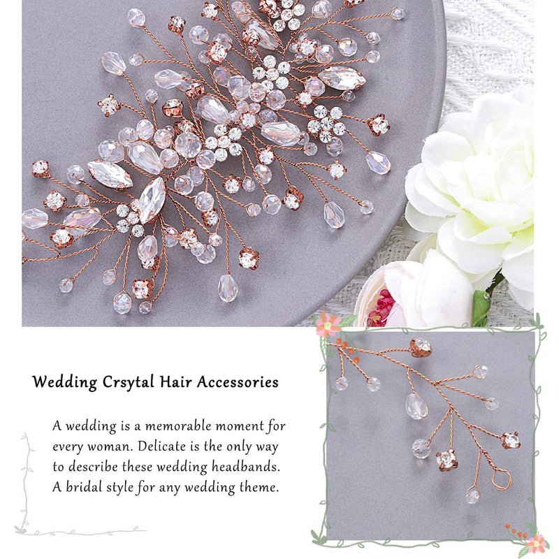 Aukmla Flower Bride Wedding Hair Vine Crystal Bridal Hair Piece Rhinestone Hair Breath Accessories for Women and Girls(9.84 Inches) (Rose Gold) Aukmla