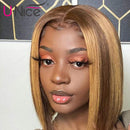 UNice Ombre Blonde 13x4 Lace Front Human Hair Bob Wig for Black Women Brazilian Remy Hair Brown Blonde Streaks Straight Lace Frontal Wig Pre Plucked with Baby Hair 150% Density (12 inch) UNICE Store