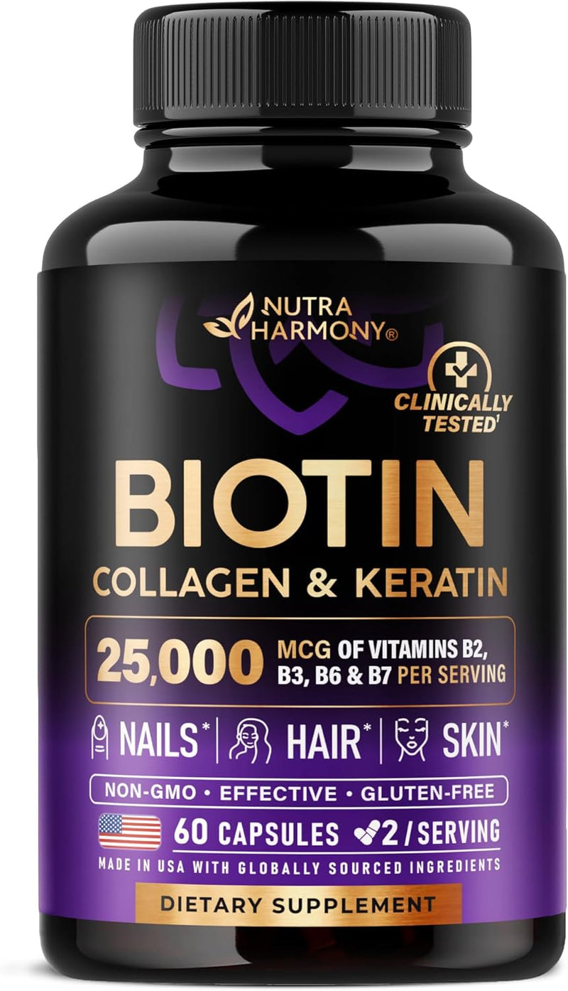 Biotin | Collagen | Keratin - Clinically Tested Supplement - Hair Growth Support, Skin & Nails - 25000 mcg Vitamins B2, B3, B6 & B7 + B1 & Hyaluronic Acid - Made in USA - Women & Men | 60 Capsules Infinity Warehouse