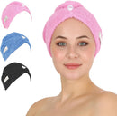 HALLEY Cotton Hair Towel Wrap (3 Packs) Super Absorbent Fast Drying Turbans for Thick, Wet Hair with Button (Black) Infinity Warehouse