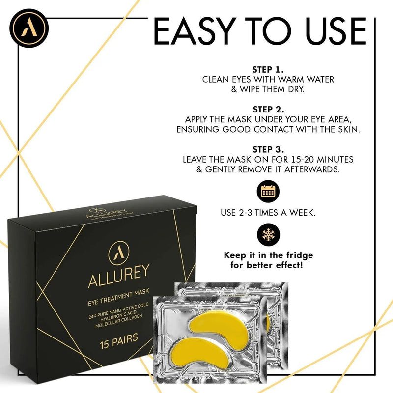 ALLUREY 24K Gold Collagen Under Eye Mask, Anti-aging and Anti-wrinkle Effect, Moisturizes, Reduces Puffiness and Dark Circles, Under Eye Patches (15 Pairs) ALLUREY