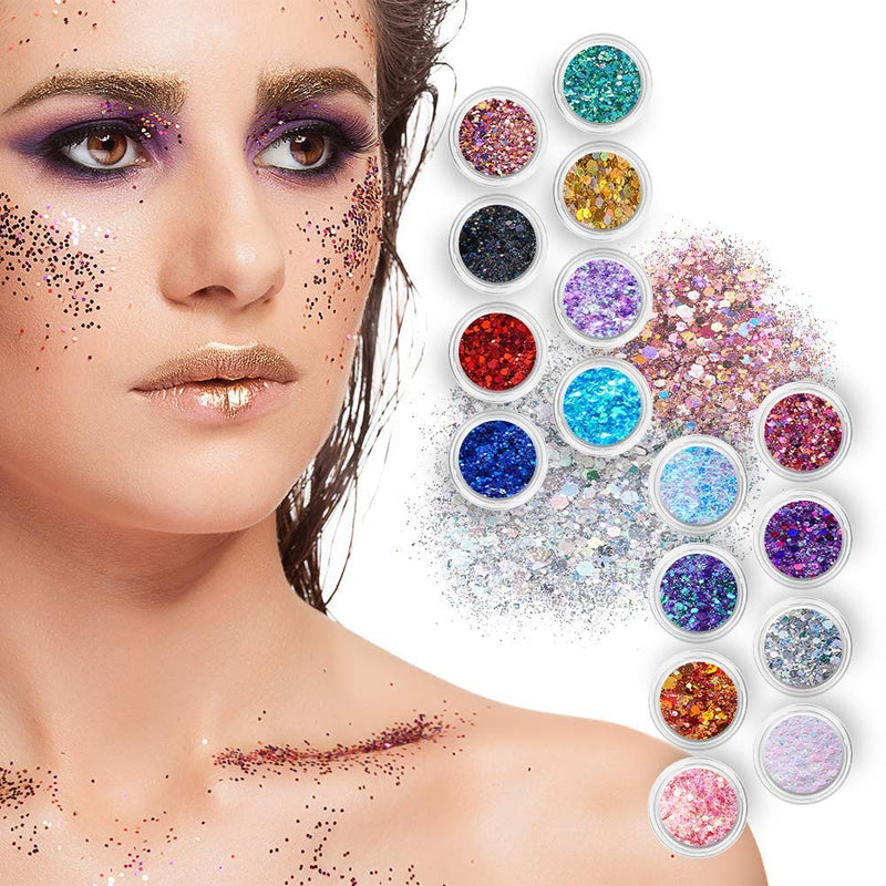 Chunky Cosmetic Holographic Glitter I Body, Face & Hair Safe I 16 Pack + 1 Glitter Glue SoJourner Bags