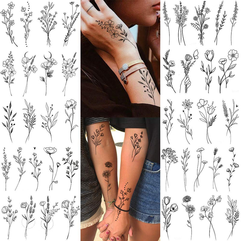 15 Sheets FANRUI Tiny Branch Black Flower Temporary Tattoos For Women Girl Floral Bouquet Small Tattoo Temporary Wild Plant Lavender Sweet Pea Larkspur Fake Tatoo Adults Face Hands Kids Kit Sticker FANRUI Store