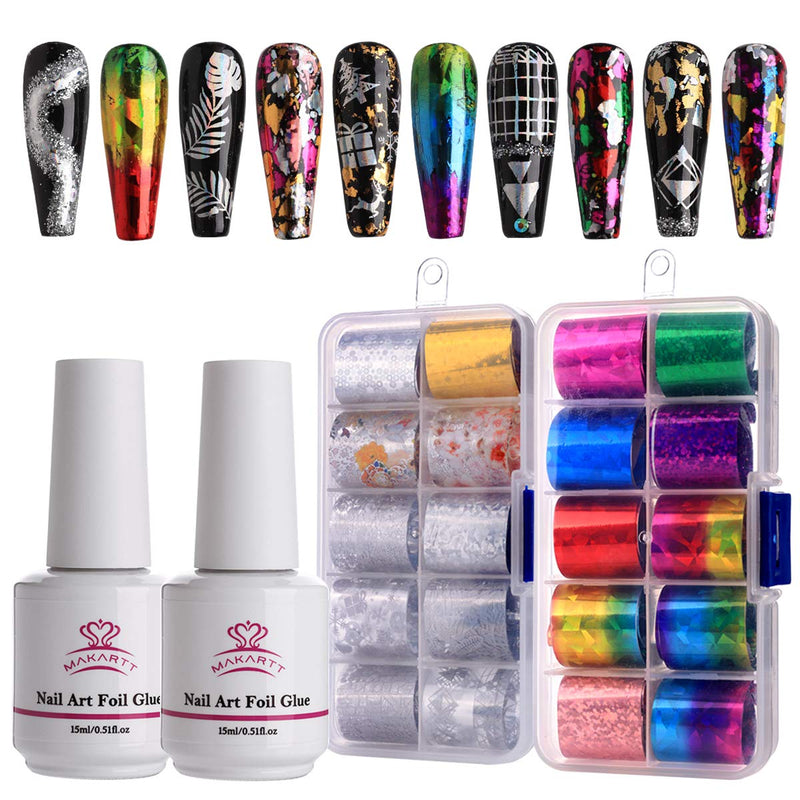 Makartt Nail Foil Nail Art Foil Glue Gel with Starry Sky Star Foil Stickers Set Nail Transfer Tips Foil Nail Art Accessories Manicure DIY 15ML 20PCS(2.5cm100cm) Christmas Sticker Nail Lamp Required Makartt