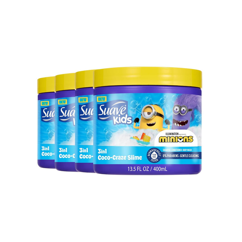 Suave Kids Minions Coco-Craze Slime 3-In-1 Shampoo, Conditioner, and Body Wash, For Tear-Free and Gentle Cleansing, 13.5 oz, 4 Pack Infinity Warehouse