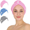 HALLEY Cotton Hair Towel Wrap (3 Packs) Super Absorbent Fast Drying Turbans for Thick, Wet Hair with Button (Black) Infinity Warehouse