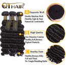QTHAIR 12A Brazilian Loose Deep Wave Human Hair Bundles with Closure(14" 16" 18"+12",Natural Black) 130% Density Swiss Lace Brazilian Human Hair Lace Closure 100% Unprocessed Brazilian Virgin Hair QTHAIR