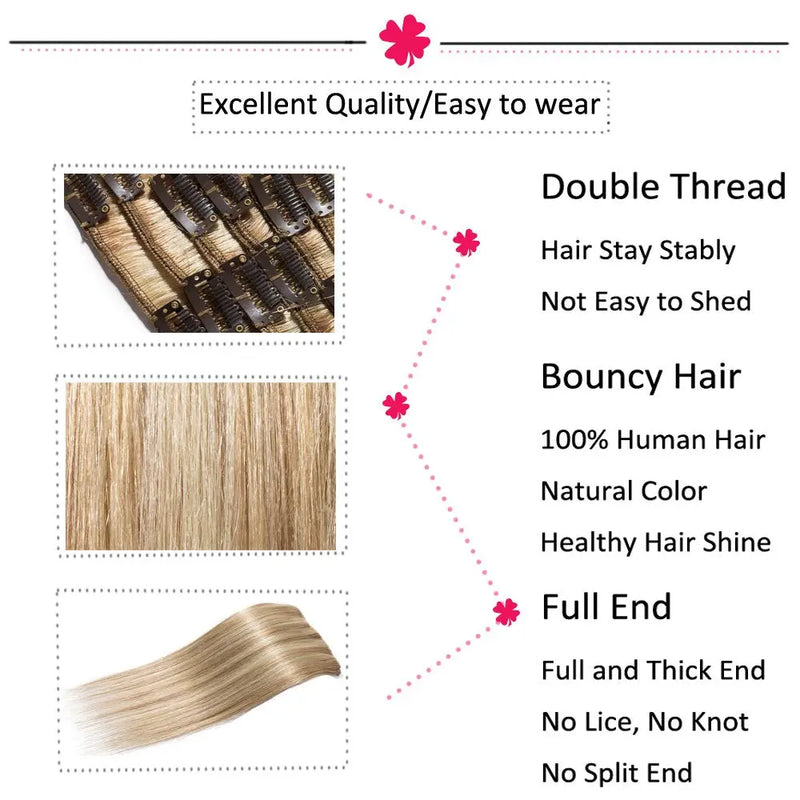 20 Inch Clip in Hair Extensions Human Hair Thin Standard Weft 8 Pcs Clip on Human Hairpieces Highlighted Silky Straight Hair for Women Beauty Balayage