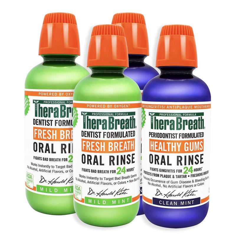 TheraBreath Fresh Breath Oral Rinse, Mild Mint, 16 Ounce Bottle (Pack of 2) and 24 Hour Healthy Gums Periodontist Formulated Oral Rinse, 16 Ounce (Pack of 2) TheraBreath