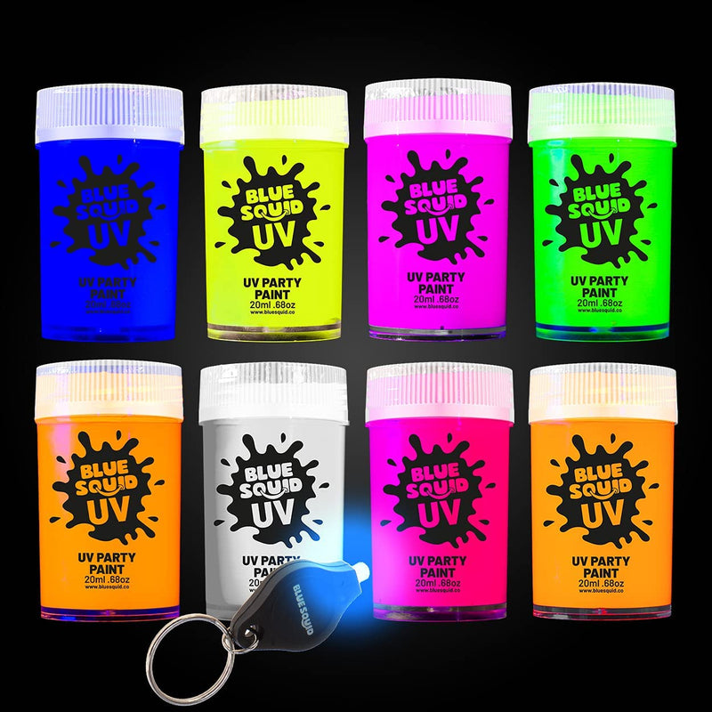 Glow in The Dark Paint - Blue Squid Fluorescent Glow Face & Body Paint for UV & Blacklight | Set of 8 Neon Face Paint Colors + Free Bonus Ultraviolet Flashlight | Bright Glowing Makeup for Festivals Blue Squid