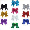 Kenz Laurenz Glitter Cheer Bows - Cheerleading Softball Gifts for Girls and Women Team Bow with Ponytail Holder Complete Your Cheerleader Outfit Uniform Strong Hair Ties Bands Elastics (1) (Silver) Kenz Laurenz