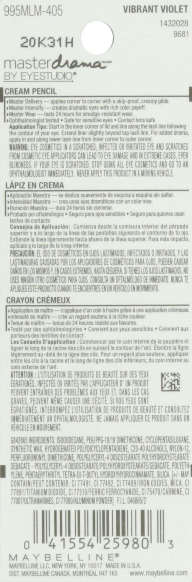 Maybelline New York Eye Studio Master Drama Cream Pencil Liner, Vibrant Violet 405, 0.01 Ounce Maybelline New York