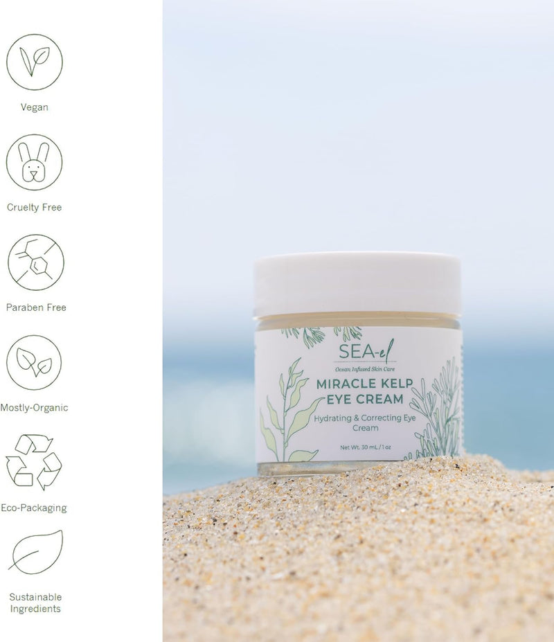 Miracle Sea Kelp Eye Cream Hydrating & Correcting Yerba Mate Caffeine & Hyaluronic Acid for Dark Circles Bags & Puffiness - Daily Anti Aging Moisturizer for Women & Men, Vegan - 1 Oz