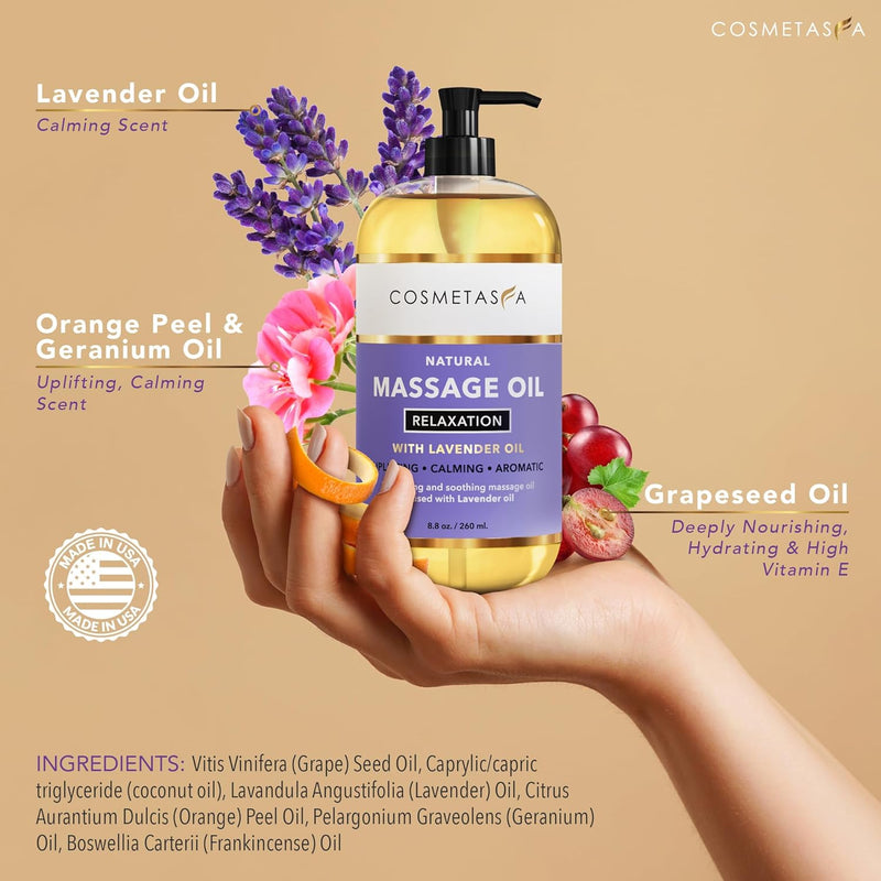 Cosmetasa Luxury Spa Gift Set for Women & Men - Relaxation Lavender Massage Oil, Citrus Coconut Massage Oil, Arnica Sore Muscle Massage Oil with Hot Stones, Roller Ball and Thumb Saver Massage Tools
