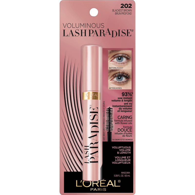 L'Oreal Paris Voluminous Makeup Lash Paradise Mascara, Voluptuous Volume, Intense Length, Feathery Soft Full Lashes, No Flaking, No Smudging, No Clumping, Black Brown, 0.25 Fl Oz (Pack of 1) L'Oreal Paris