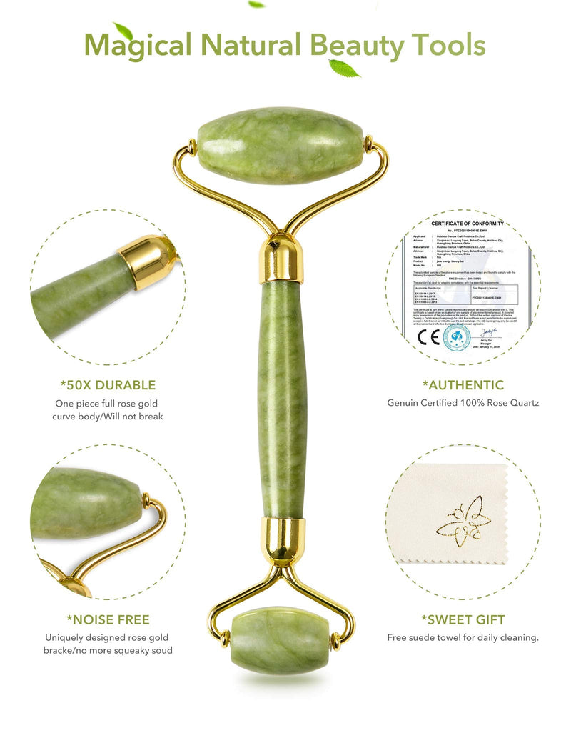 HANABEE Rose Quartz Facial Roller Jade Roller Gua Sha Facial Tools Face Roller and Gua Sha Massage Tool Body gua-sha Scalp Beauty Gift for Women Face Roller Massager (Green) HANABEE