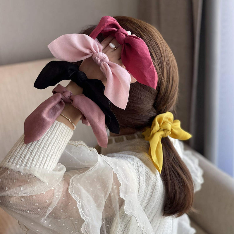 JIRIS 6 Pcs Satin Silk Hair Scrunchies Rabbit Bunny Ear Bow Bowknot Scrunchie Bobbles Elastic Hair Ties Bands Ponytail Holder for Women Accessories(SET2) JIRIS