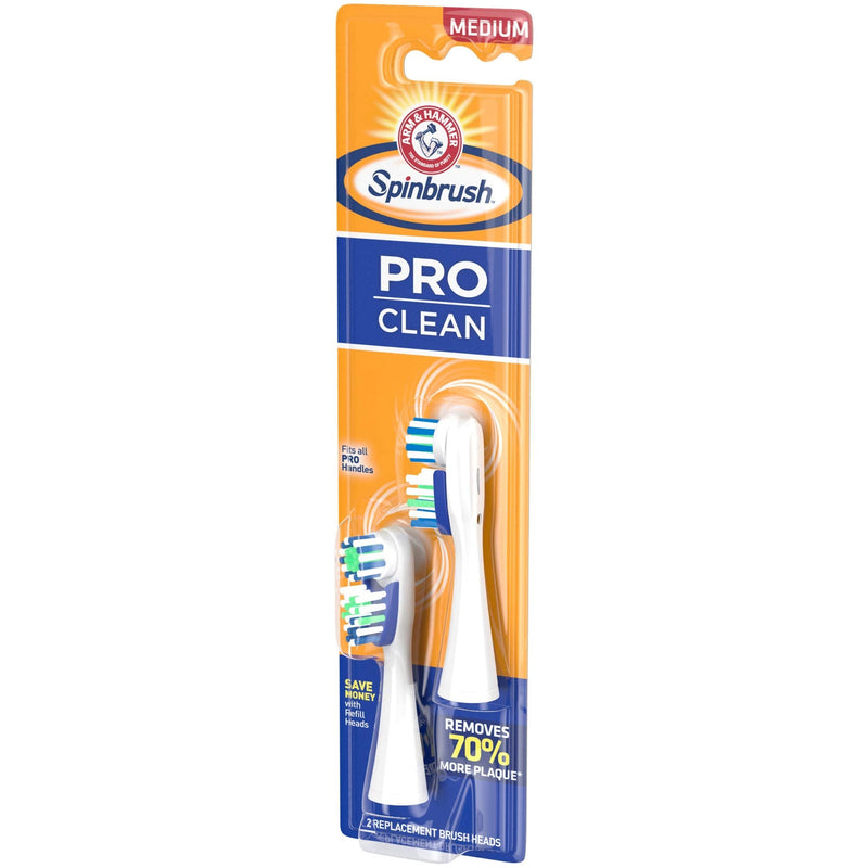 Spinbrush PRO CLEAN Refill, Medium Bristles, Includes 2 Replacement Heads for Battery Powered Toothbrushes Arm & Hammer