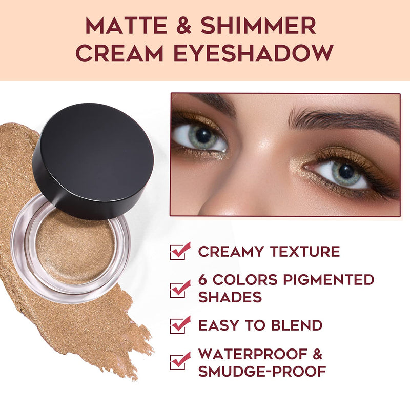 LUXAZA 6 PCS Neutral Brown Cream Eyeshadow Set, Shimmer and Matte Cream Eye Shadows,High Pigmented Metallic Creamy Smoky Eyeshadow Longwear Waterproof Eye Makeup LUXAZA