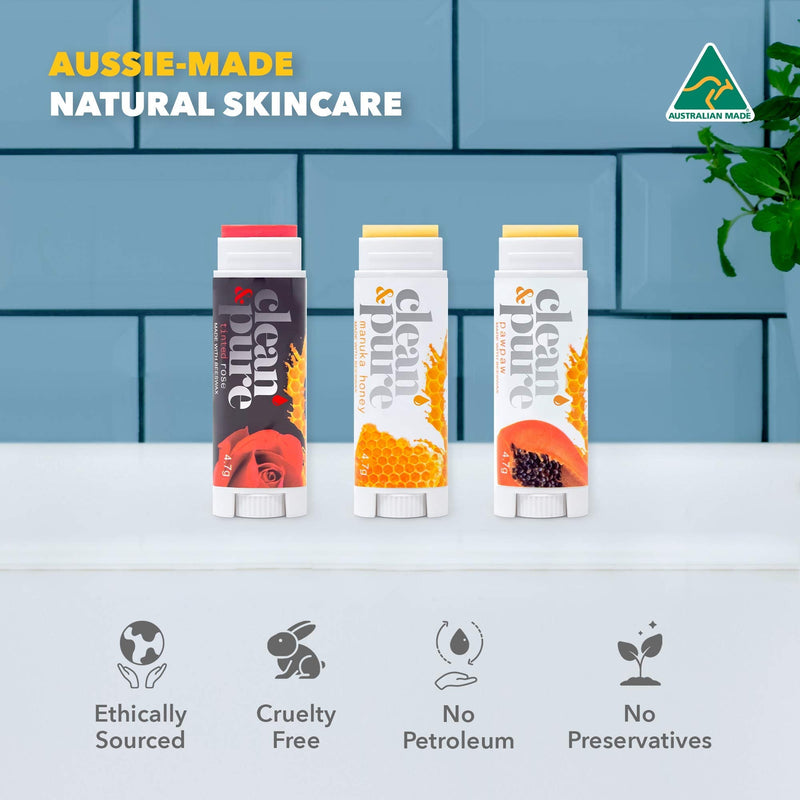 Clean & Pure Bee Sweet Lip Balms, 3 Pack | Manuka Honey Beauty Products | Lip Care Set With 100% All Natural Beeswax and Vitamin E Oil | Flavored Lip Balm for Dry, Chapped Lips | Made in Australia Clean & Pure