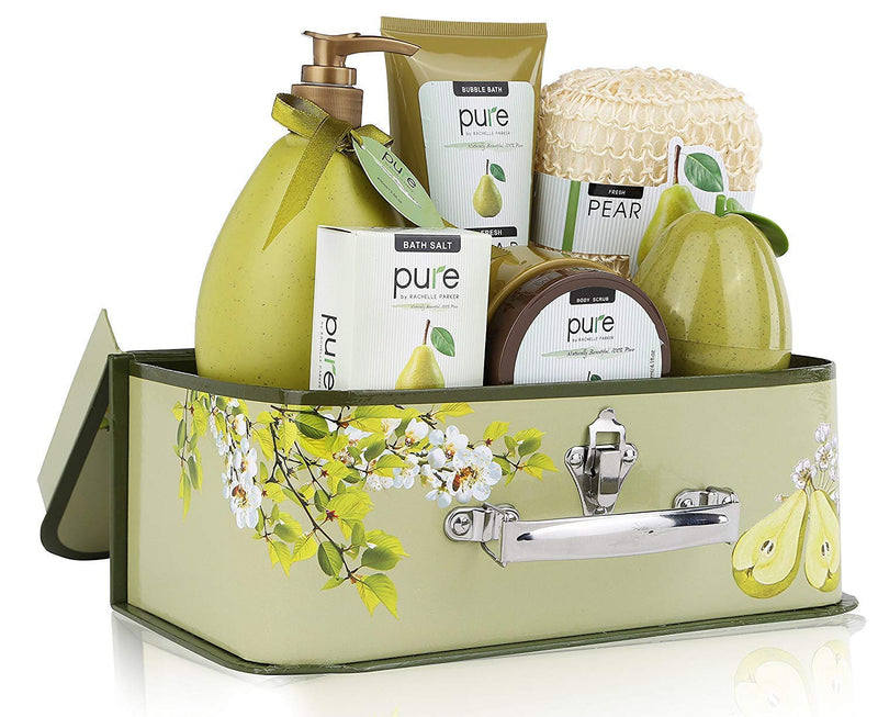 Luxury Spa Gift Basket, PURE Spa Basket -Bath and Body Gift Set. Pear Bath Set Includes Bubble Bath, Body Scrub, Shower Gel, more!