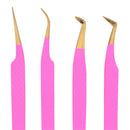 M LASH Set Of 4 Diamond Grip Eyelash Extensions Tweezers V2 - Japanese Steel Lash Supply (Pink) M