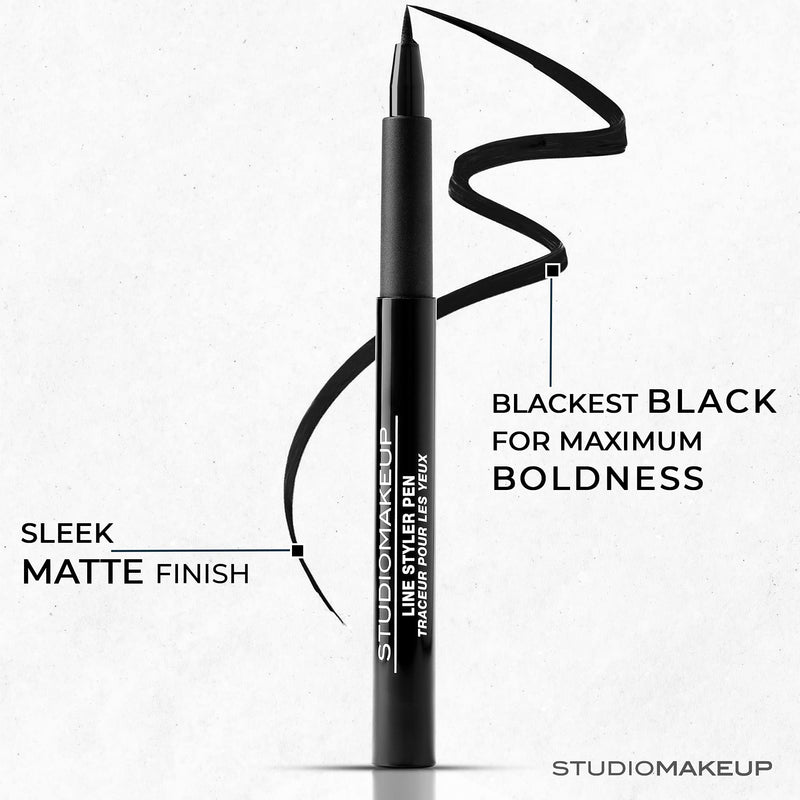STUDIOMAKEUP Line Styler Pen – Smudge Proof & Waterproof Blackest Black Liquid Eyeliner Pen w/ Flexible Felt Tip - Long Lasting Sharp Line Eyeliner Pen Safe For Sensitive Eyes – Blackest Eyeliner Waterproof Studiomakeup
