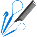 Hair Tail Tools, TsMADDTs 4Pack Hair Loop Tool Set with 2Pcs French Braid Tool Loop 1Pcs Elastic Hair Rubber Bands Remover Cutter 1Pcs Rat Tail Comb Metal Pin Tail Braiding Comb for Hair Styling, Blue TsMADDTs Store