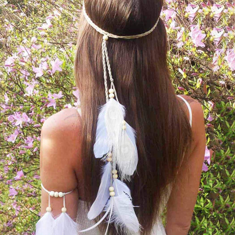 Nicute Boho Feather Headbands Peacoak Headpieces Festival Costumes Hair Accessories for Women and Girls (Beige) Nicute