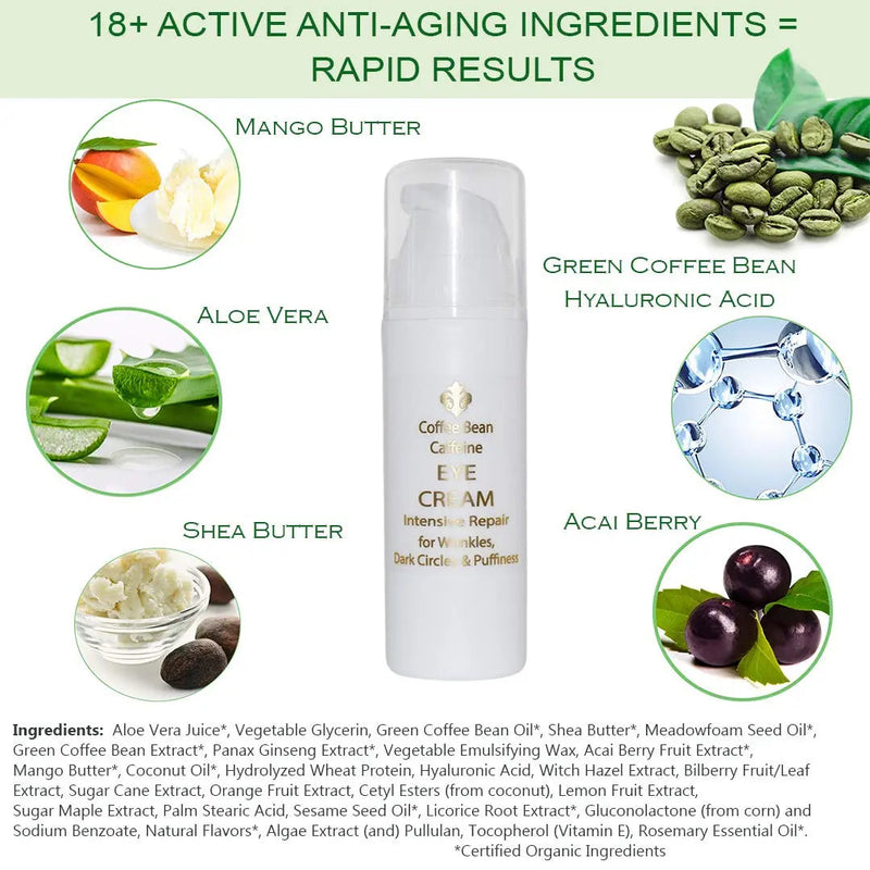 Coffee Bean Caffeine Anti Aging Eye Cream for Dark Circles, Eye Bags, Fine Lines, Puffiness. Best Anti Aging Eye Cream Moisturizer for Wrinkles, Crows feet, Puffy Eyes Fleur De Lis Naturals