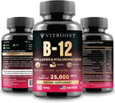 B12 with Hyaluronic Acid, Collagen and Folate – 25000 mcg B12 Complex | Maximize Absorption & Energy | Gluten Free USA Made, B1, B2, B3, B6, B7, B12 Vitamins 5000 mcg Methylcobalamin - 60 Capsules Infinity Warehouse