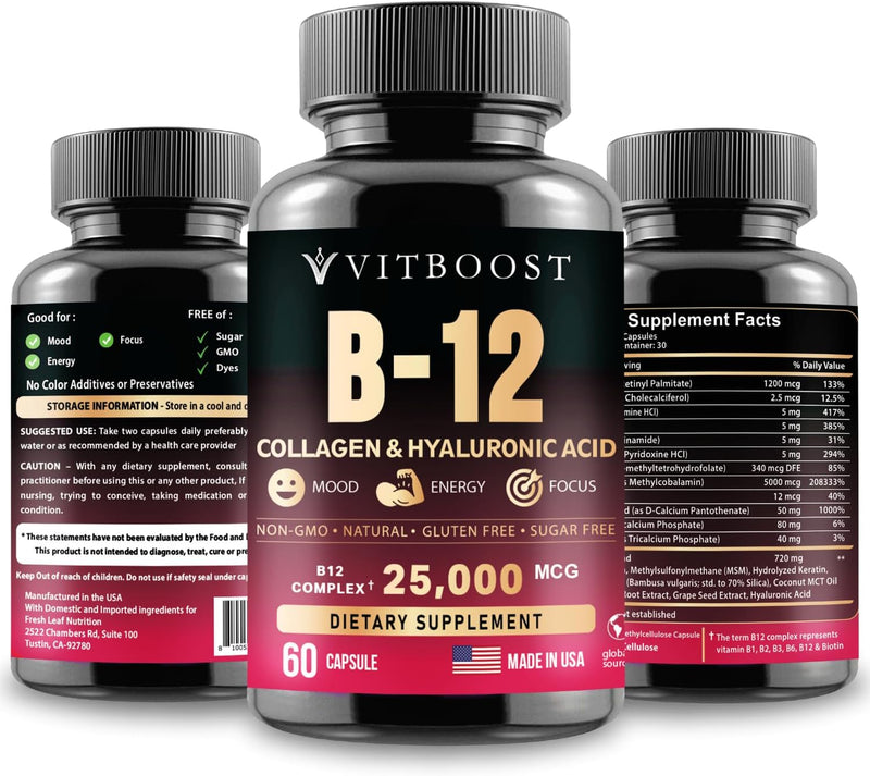 B12 with Hyaluronic Acid, Collagen and Folate – 25000 mcg B12 Complex | Maximize Absorption & Energy | Gluten Free USA Made, B1, B2, B3, B6, B7, B12 Vitamins 5000 mcg Methylcobalamin - 60 Capsules Infinity Warehouse
