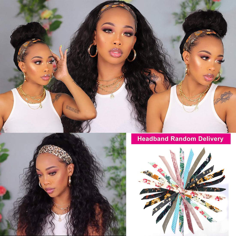 Beauty Forever Headband Human Hair Wig Water Wave Glueless Human Hair Wigs With Pre-attached Scarf Non Lace Front Wigs for women Natural Color 150% Density 24 Inch Beauty Forever Store