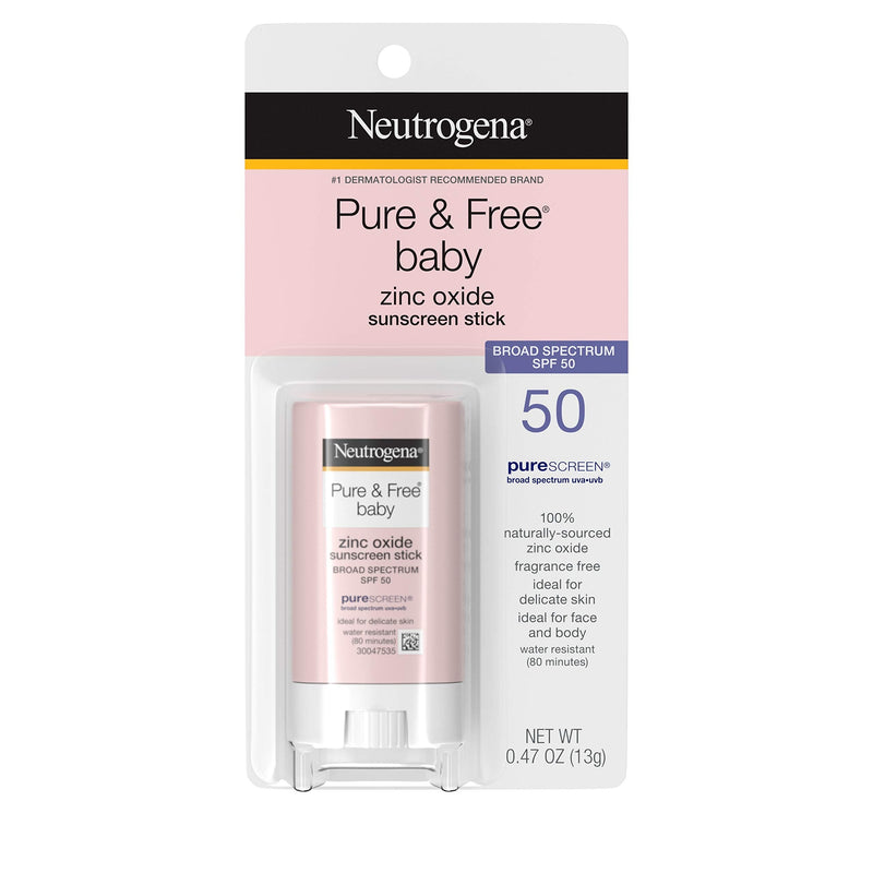 Neutrogena Pure & Free Baby Mineral Sunscreen Stick with Broad Spectrum SPF 50 & Zinc Oxide, Water-Resistant, Hypoallergenic, Paraben-, Dye- & PABA-Free Baby Face & Body Sunscreen, 0.47 oz Neutrogena