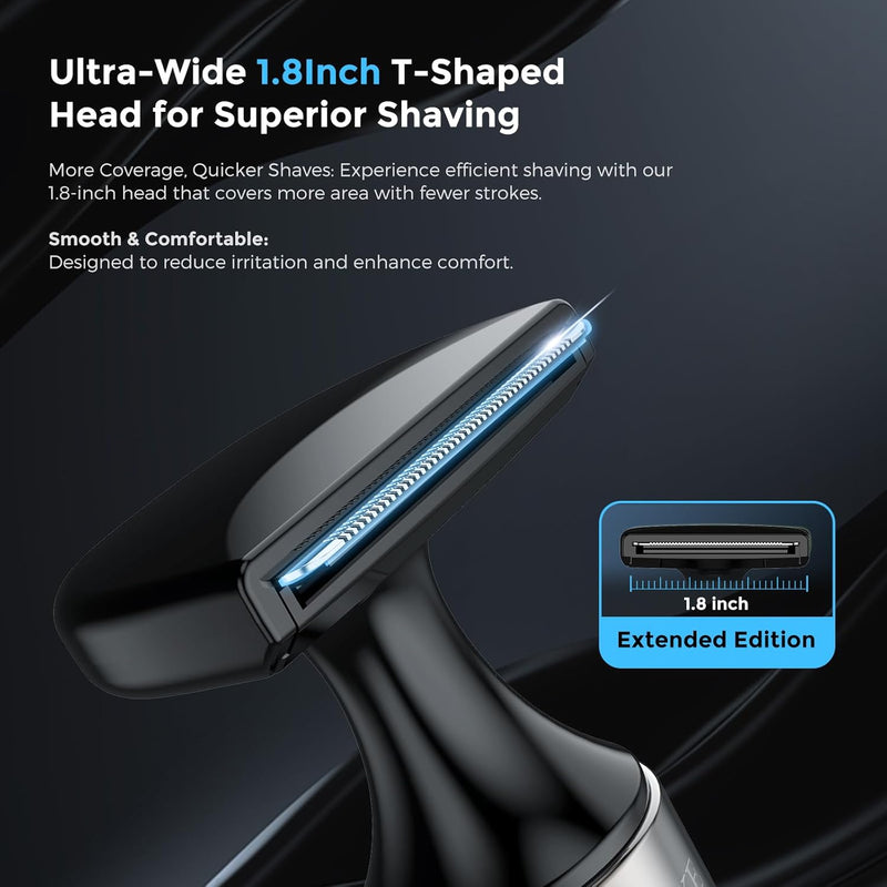 FOKE Back Shaver for Men, Ultra-Wide 1.8" T-Shaped Head, Travel Case, LED 4 in 1 Mens Back Shaver Rechargeable with Long Handle, Safety Lock, IPX7, Multi-Functional Back Trimmer for Men, (Dark Black) Infinity Warehouse