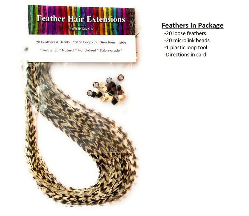 Hair Feathers Kit, 20 Long Feather Extensions with beads and loop tool kit, Black and White Striped,100% Real Rooster Feather Accessories, BW GRIZZ Feather Lily