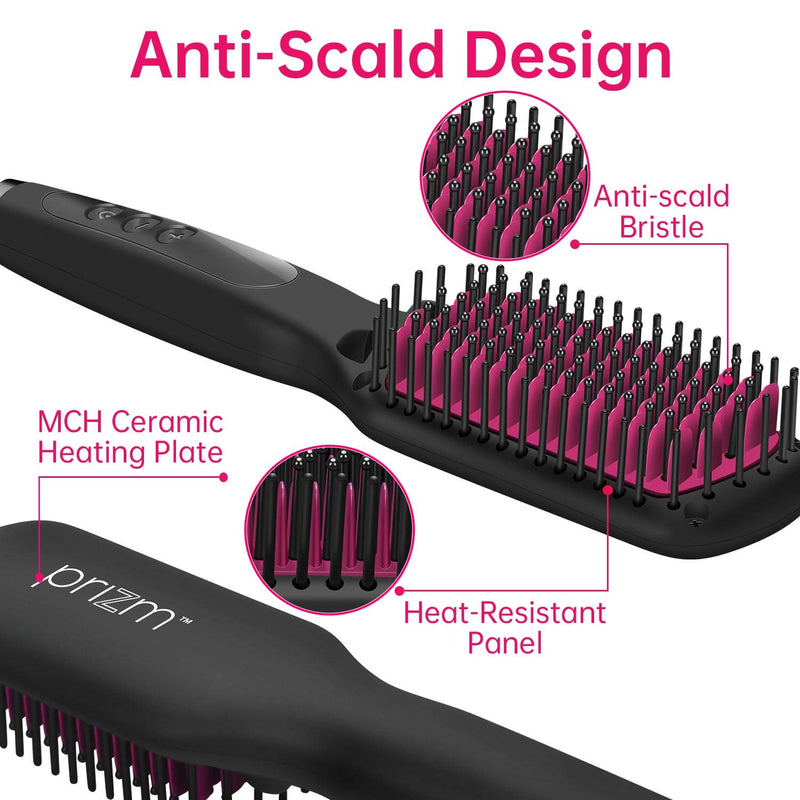 Prizm Hair Straightener Brush, Negative Ion Enhanced Hot Straightening Brush, 30s Fast Heating for Smooth, Frizz-Free and Shine hair, Anti Scald, Temp Lock, LCD Display, Portable for Home & Travel Prizm