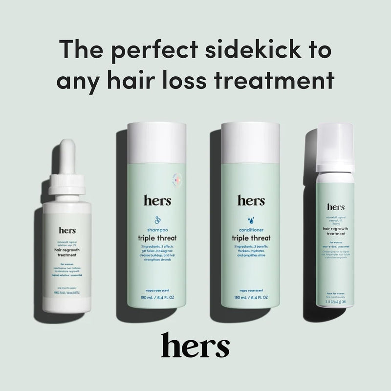 hers triple threat shampoo for hair that feels and looks thicker and stronger with biotin, saw palmetto, pumpkin seed oil, lightly scented with rose, helps control hair shedding, 2 pack, 6.4oz Infinity Warehouse