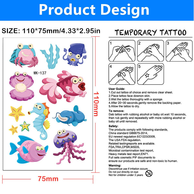 Mocossmy Animal Temporary Tattoos for Kids,10 Sheets Ocean Theme Waterproof Fake Tattoos Body Decoration DIY Crafts for Boys Girls Birthday Party Favor Supplies Goodie Bag Filler Stuffers Gifts Mocossmy