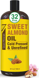 Pure Cold Pressed Sweet Almond Oil - Big 32 fl oz Bottle - Unrefined & 100% Natural - For Skin & Hair, with No Added Ingredients - Perfect Carrier Oil for Essential Oils Seven Minerals