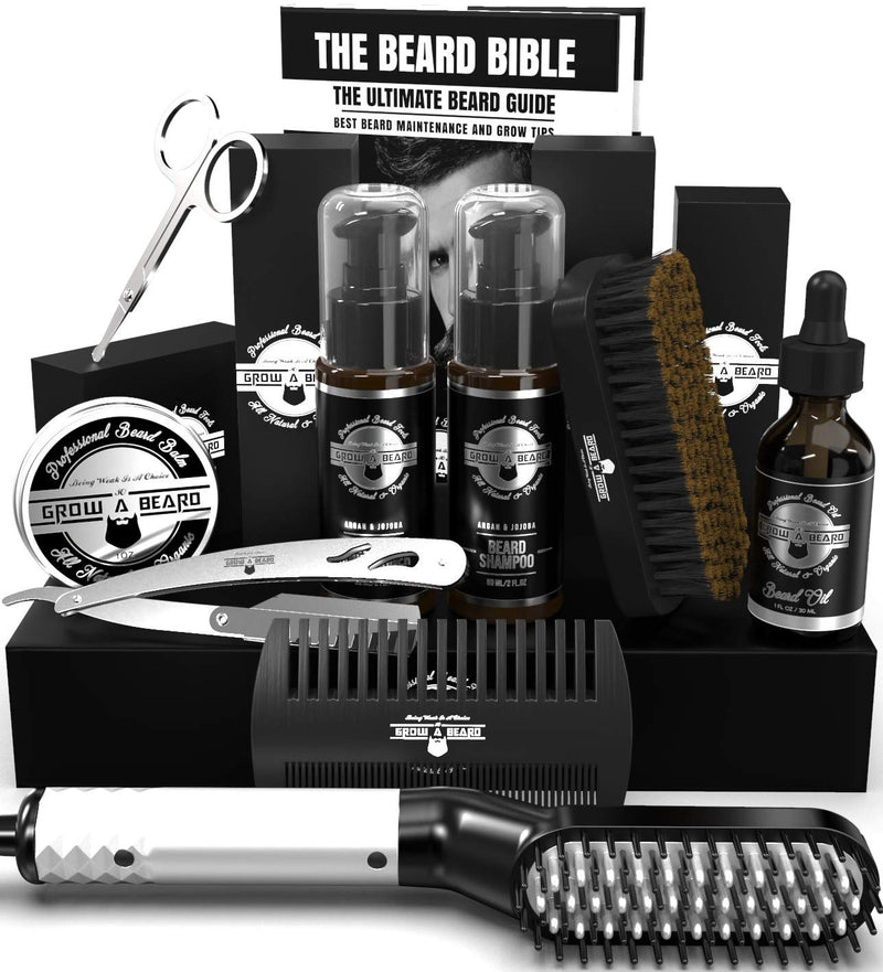 Beard Straightener Grooming Kit for Men, Beard Brush, Double Side Comb, Unscented Oil, All Natural Chanel Balm, Shampoo, Conditioner, Razor & Scissors, Perfect Gifts for Dad & Husband GROW ALPHA BEARD Store