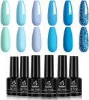 Beetles Gel Nail Polish Set- Summer Splish Splash Collection 6 Colors Bule Nail Gel Polish Kit Soak Off UV LED Lamp Gel Nail Kit Nail Art Manicure Salon DIY at Home beetles Gel Polish