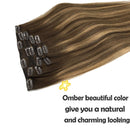 GOO GOO Remy Hair Extensions 16 Inch 7pcs 120g Chocolate Brown to Caramel Blonde Mixed Brown Balayage Thick Straight Hair Clip in Human Hair Extensions Real Hair Extensions GOO GOO