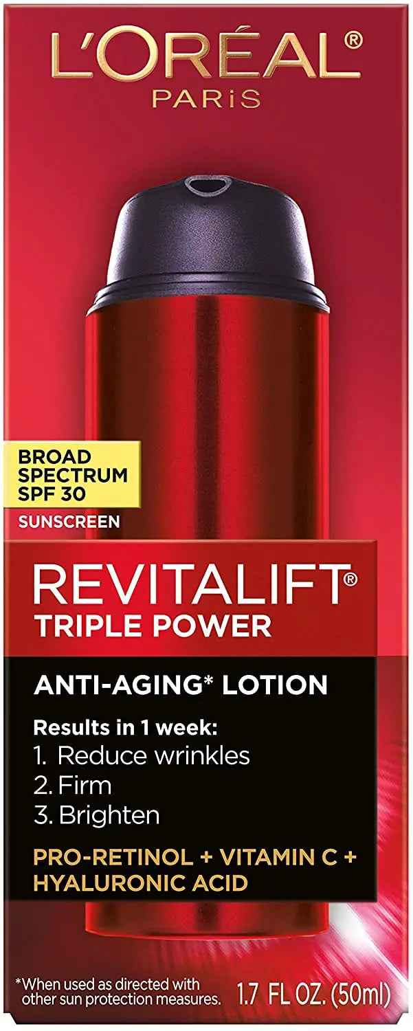 L'Oreal Paris Skincare RevitaliftTriple Power Broad Spectrum SPF 30 Sunscreen, Face Moisturizer with Pro-Retinol, Vitamin C, and Hyaluronic Acid to Reduce Wrinkles, Firm and Brighten Skin, 1.7 Oz. L'Oreal Paris Store