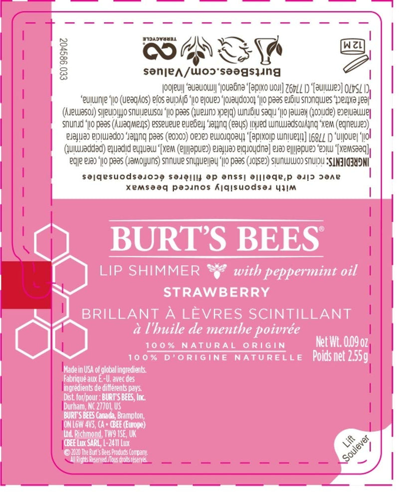 Burt's Bees 100% Natural Moisturizing Lip Shimmer, Strawberry - 1 Tube Burt's Bees