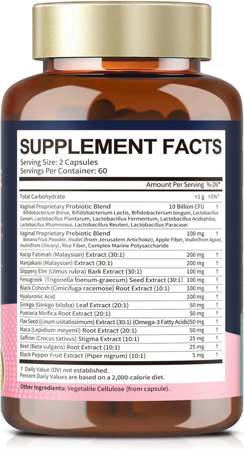 Vaginal Probiotics for Vaginal Moisturizer, pH, Odor, Flora, Hormones, Comfort, Mood & Relaxation, 30-in-1 Vaginal Moisture Plus with Slippery Elm Bark, Hyaluronic Acid, Fenugreek for Women - 120 Caps Infinity Warehouse