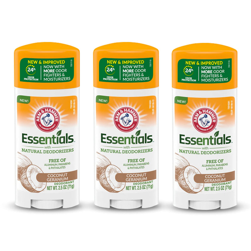 ARM & HAMMER Essentials Deodorant - Made with Natural Deodorizers - Coconut Geranium - Free From Aluminum, Parabens & Phthalates, 2.5 oz (Pack of 3) Arm & Hammer